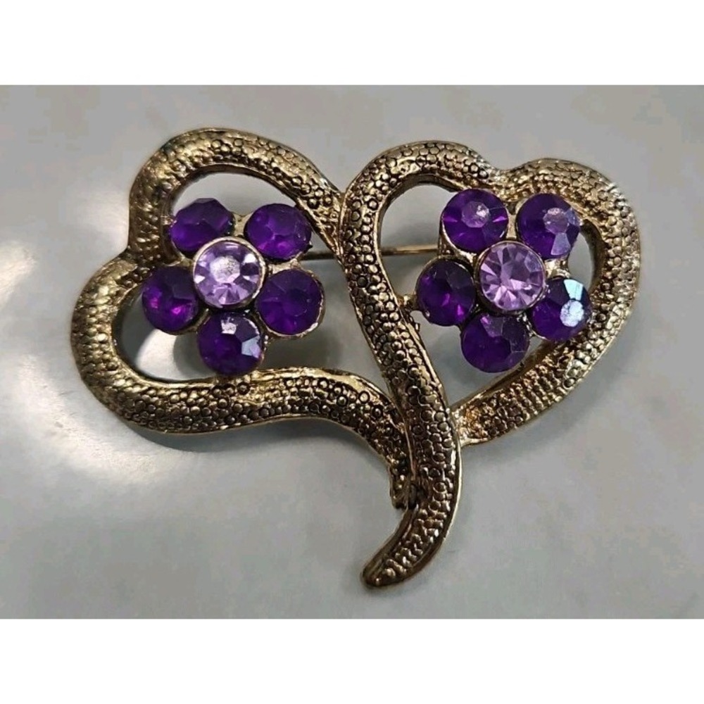 Double Heart Flower Brooch Pin Vintage Victorian Revival Nature Floral Jewelry